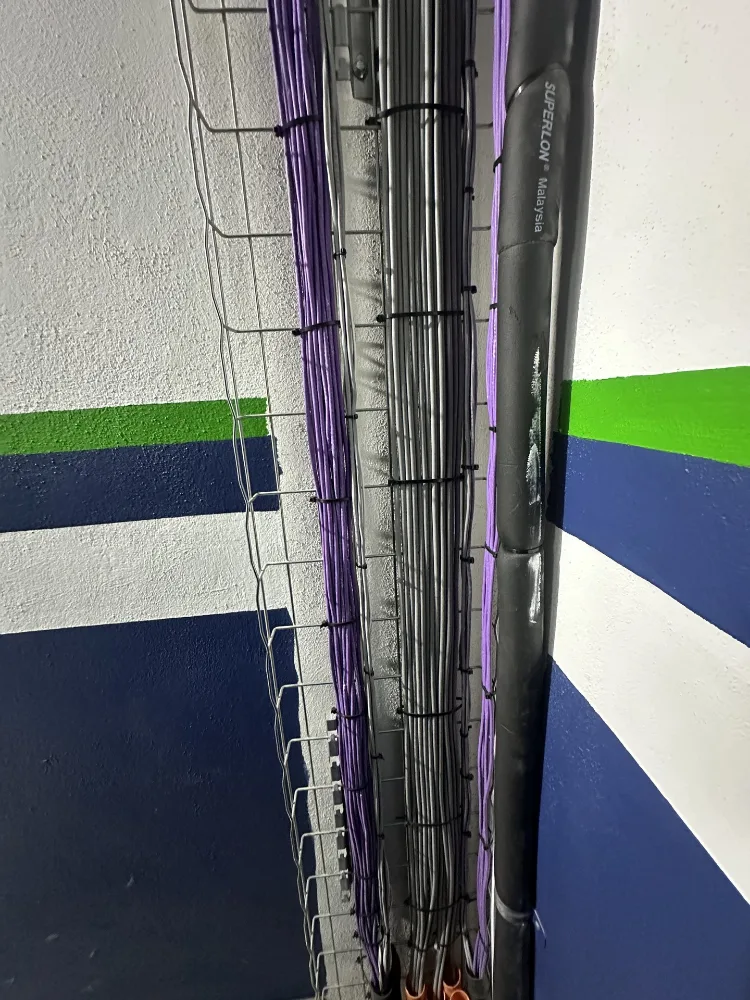 Bandeja de malla metálica instalada en vertical en la esquina de un muro, con haces de cables de red morados y grises ordenados y sujetos con cinchos, junto a una tubería con aislamiento térmico negro.